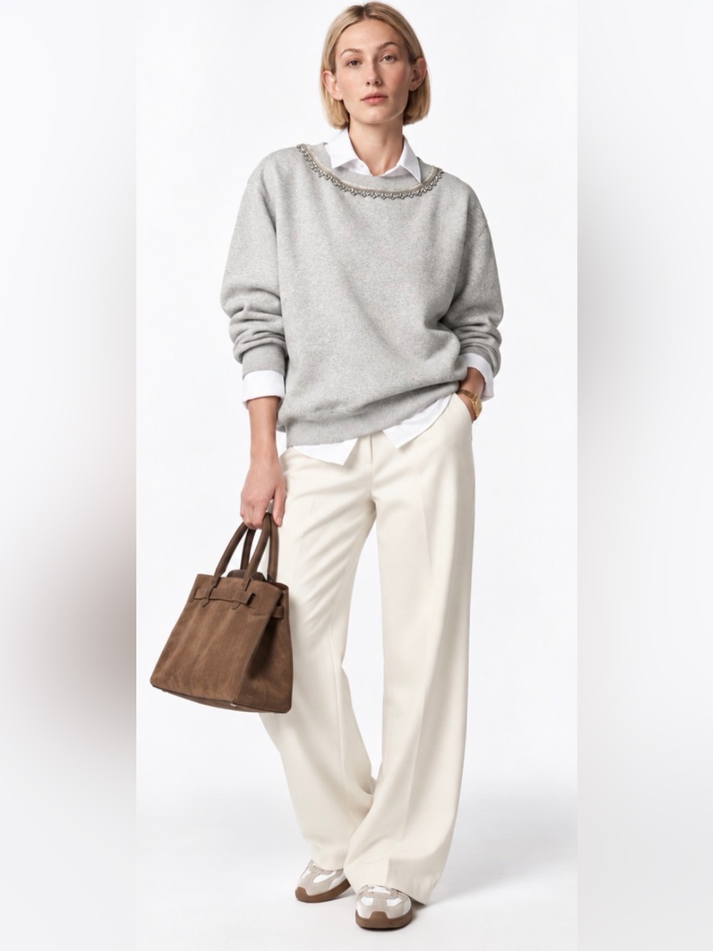 J.Crew Heritage fleece crewneck sweatshirt with embellishments in heather grey